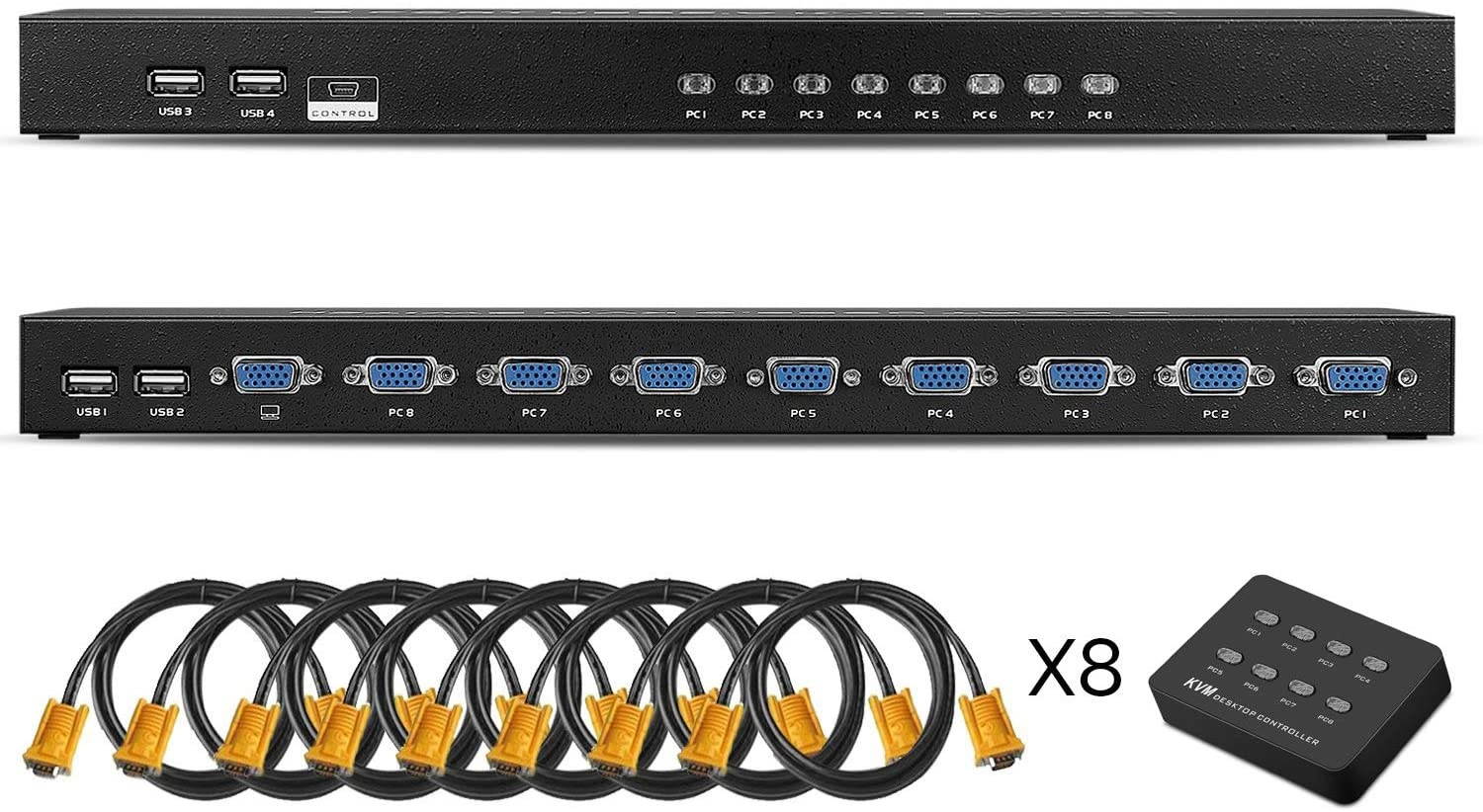 TENINYU USB 2.0 KVM Switch Manual Selector Rack Mount Metal Box Adapter with VGA USB KVM Cables for Computer PC Laptop Notebook Monitor Keyboard Mouse (8 Port KVM)