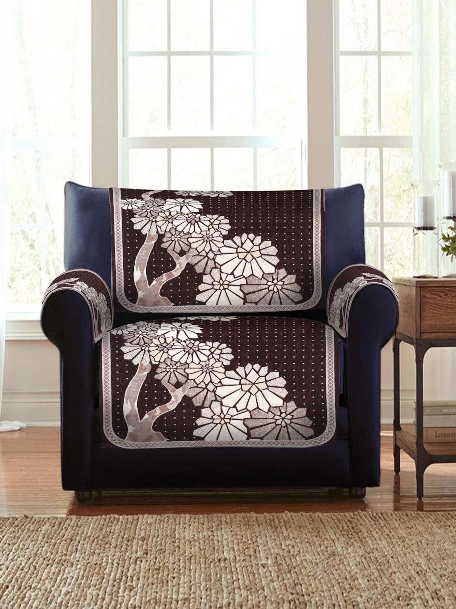 HOSTA HOMES Dark Brown & White Velvet Sofa Cover With Arm Rest - Set of 16