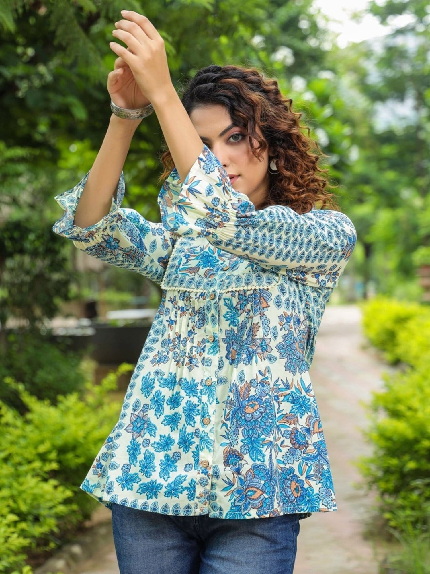 Rain and Rainbow Blue Cotton Floral Print Top