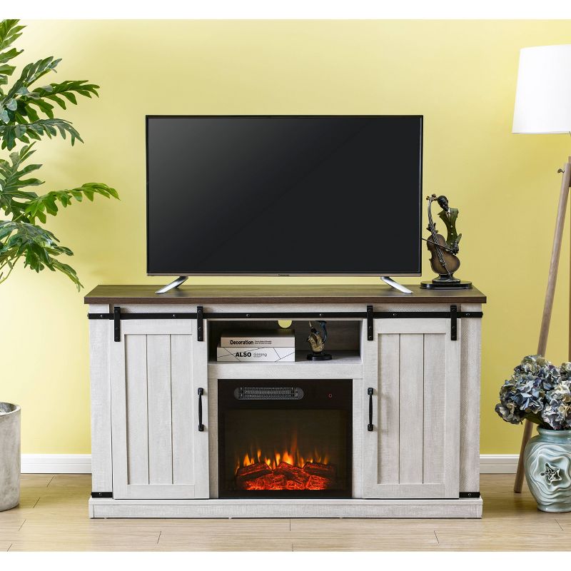 54" Sliding Doors TV Stand For TVs up to 60" with Electric Fireplace Saw Cut Off White - Home Essentials