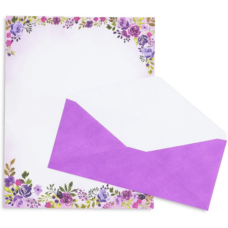 48 Pack Purple Watercolor Floral Stationery Paper and Envelopes Set, 8.5" x 11"