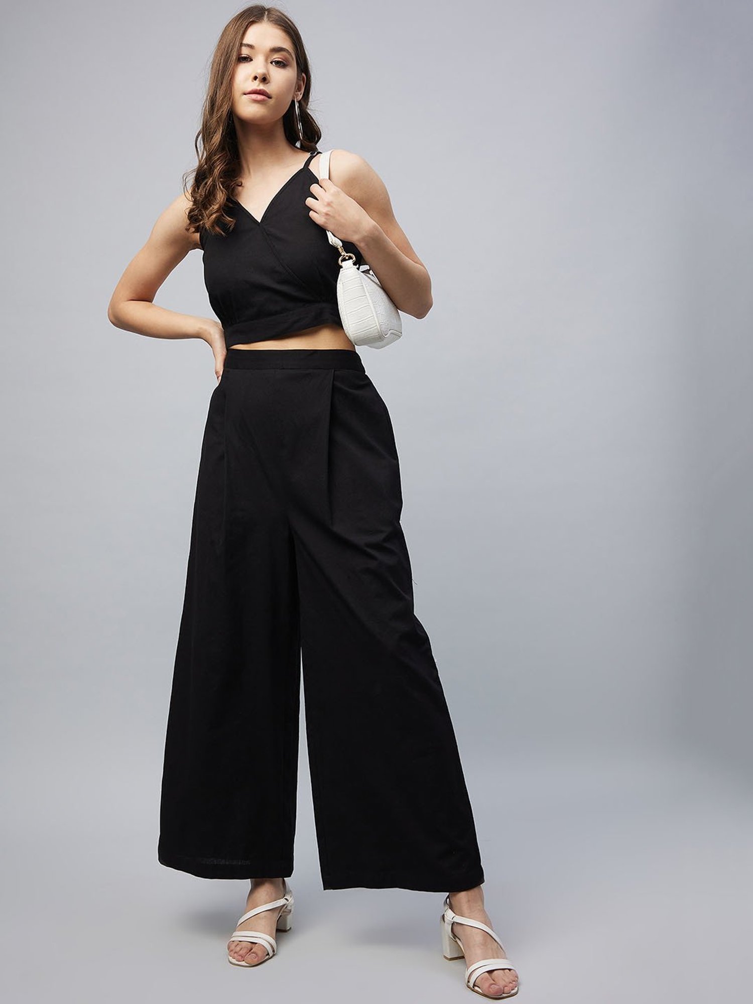 StyleStone Black Regular Fit Crop Top With Palazzos