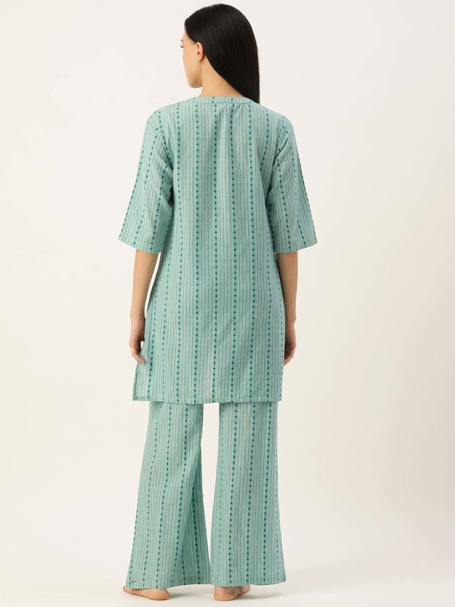 Clt.s Green Cotton Striped Kurti Palazzo Set