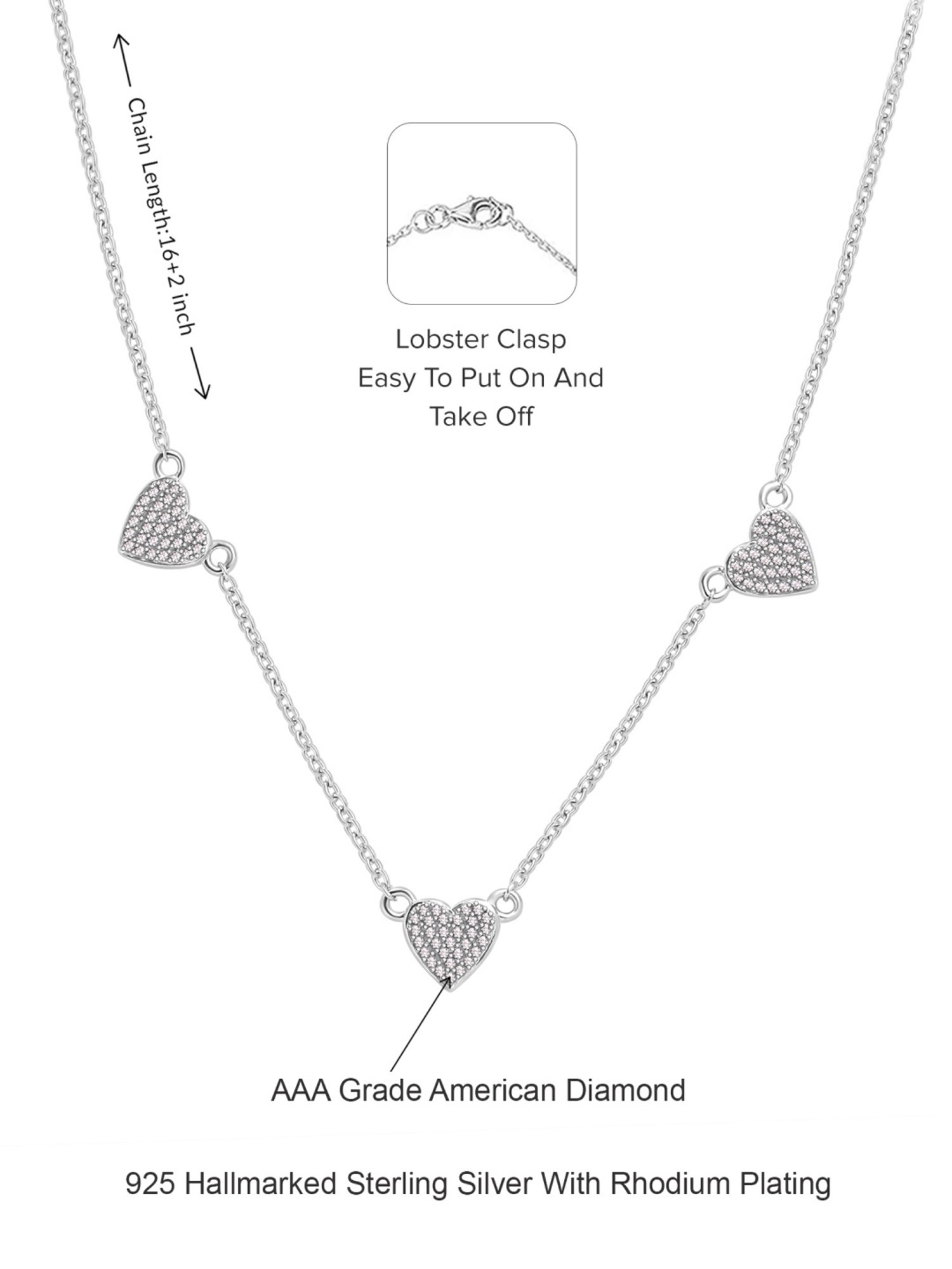 Ornate Jewels 925 Sterling Silver American Diamond Heart Shape Necklace for Women