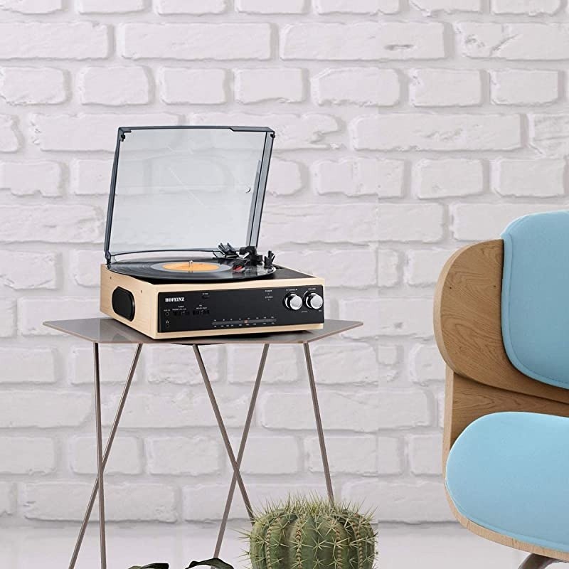 Vintage Wireless Bluetooth Out Wooden Belt Driven 3 Speed Turntable with Built in Stereo Speakers AM/FM Radio&hellip;