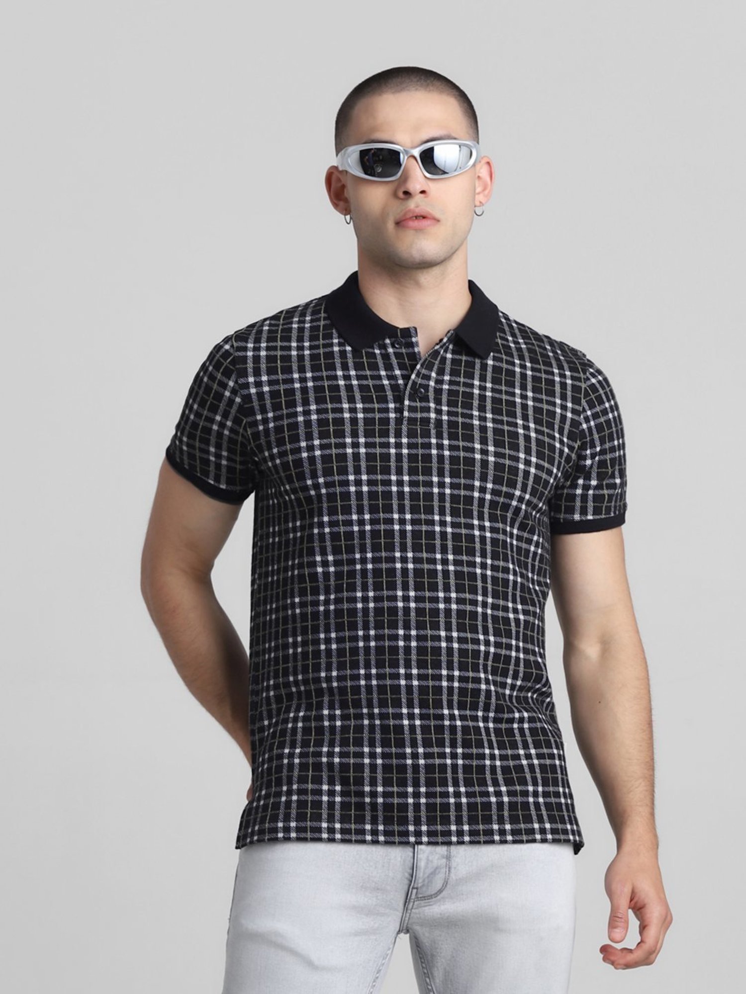 Jack & Jones Jet Black Cotton Regular Fit Checks Polo T-Shirt