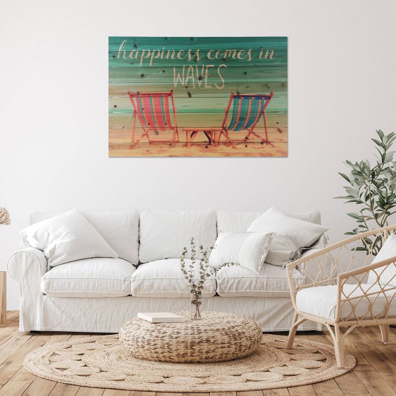24" x 36" Happiness Comes in Waves Print on Planked Wood Wall Sign Panel - Gallery 57