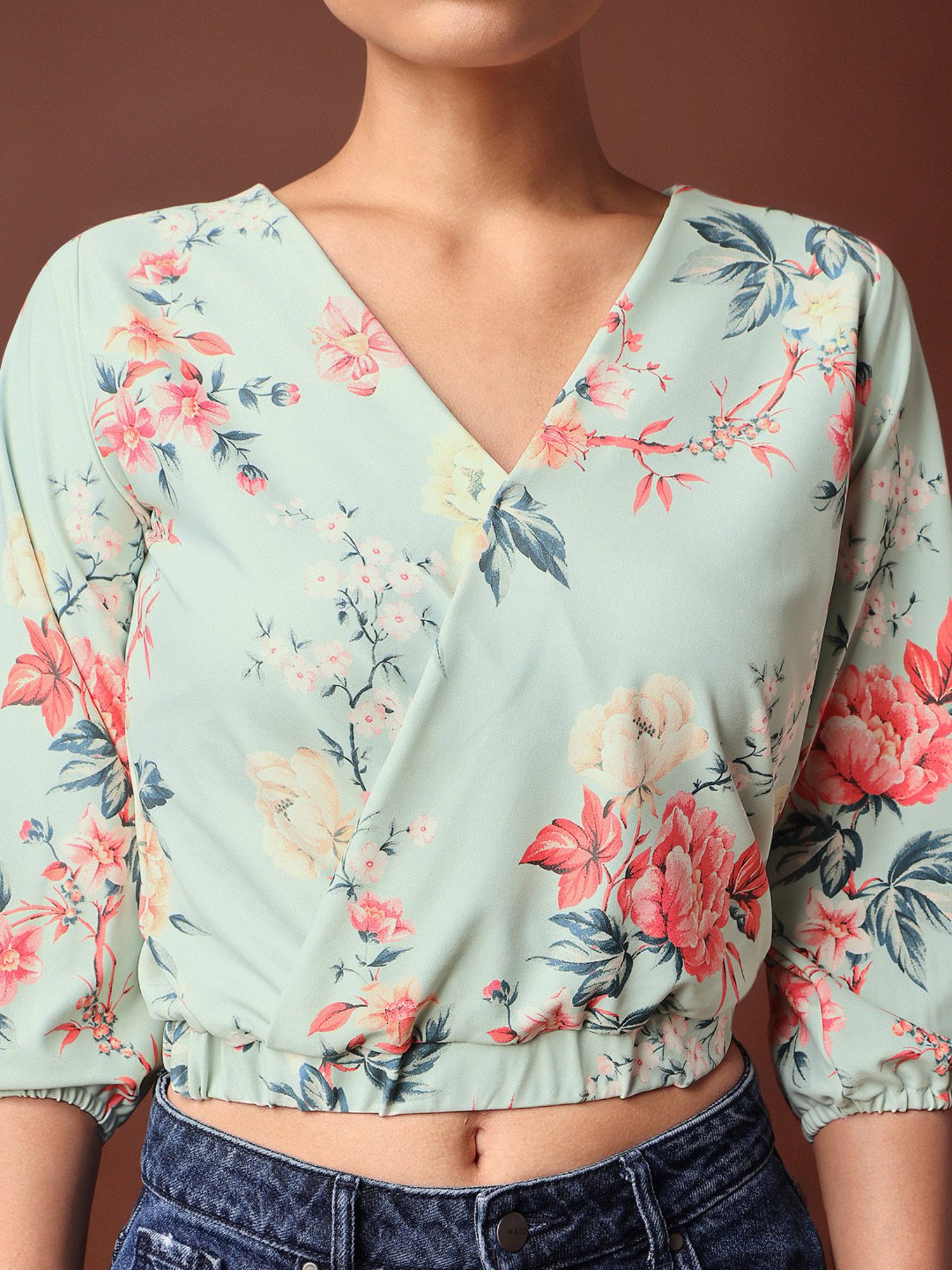 PURVAJA Light Green Floral Print Crop Top