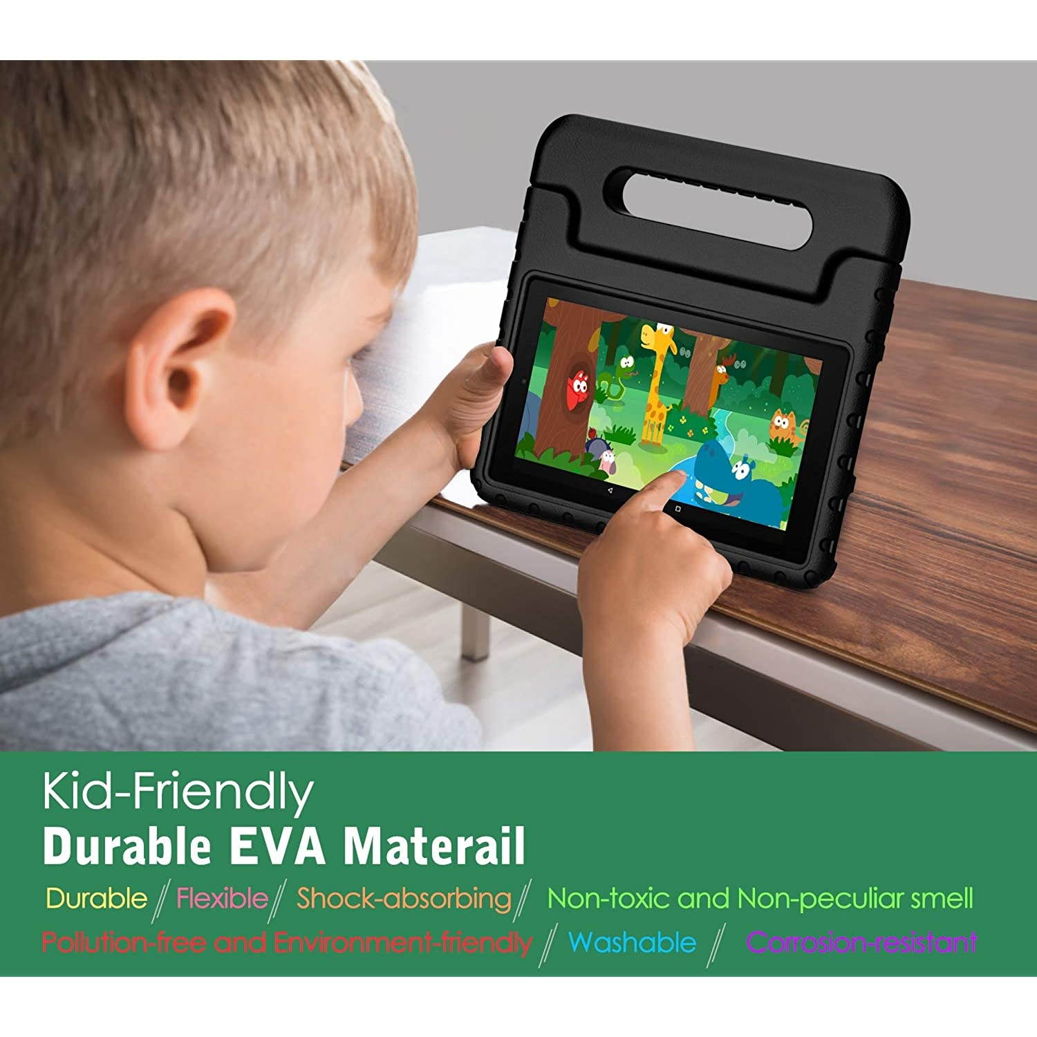 MoKo Kids Case Fits All-New Amazon Kindle Fire 7 Tablet (9th Generation, 2019 Release), Durable EVA Kid-Friendly Shock Proof Portable Handle Protective Stand Cover - Black