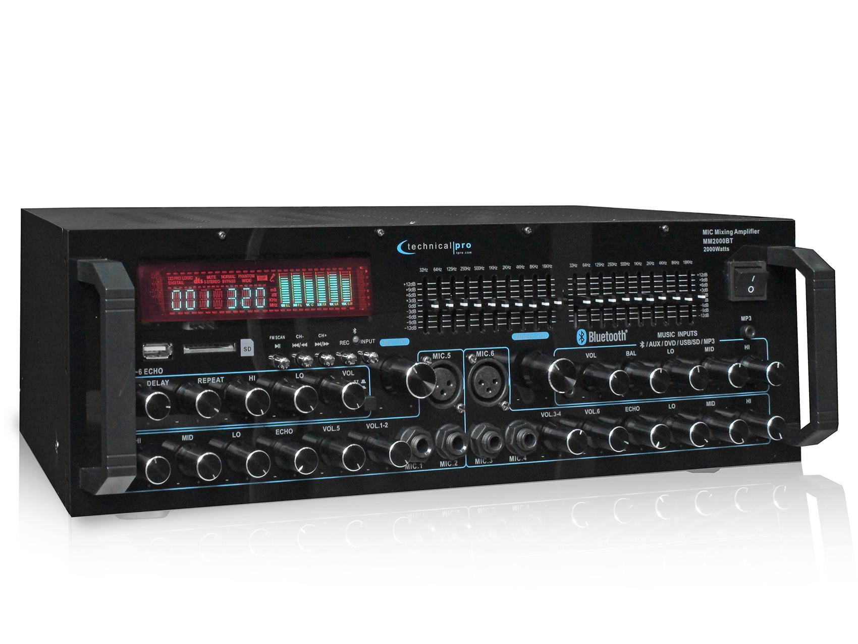 technical pro mm2000bt active bluetooth karaoke mixer amp sd, usb+2 mics+stand