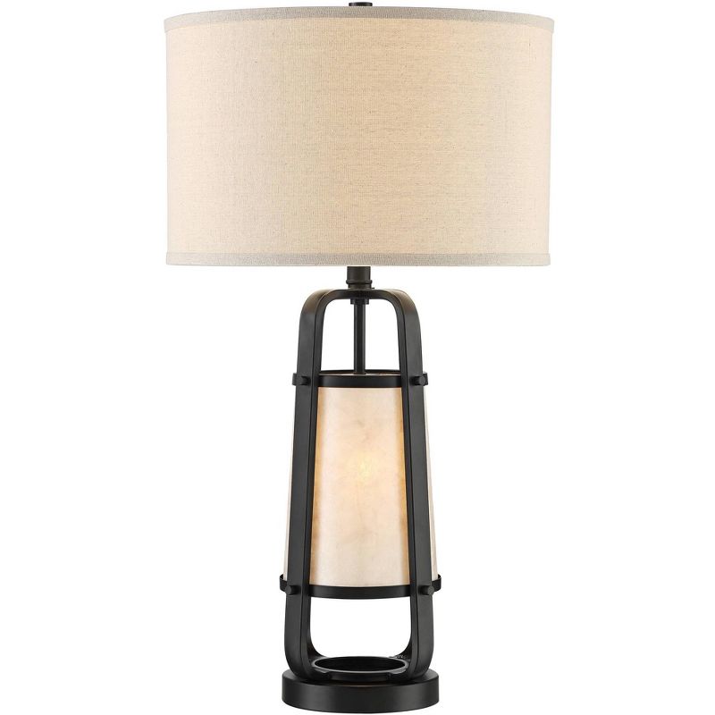 Franklin Iron Works Farmhouse Industrial Table Lamp with Night Light Bronze Metal Natural Mica Linen Drum for Living Room Bedroom