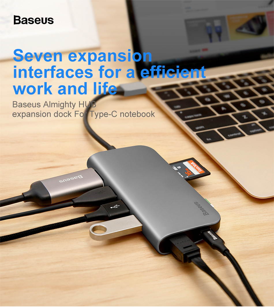Baseus 8-in-1 Type-C HUB with 3 USB 3.0 Port SD / TF Card Reader 4K 30HZ HDMI Gigabit Ethernet USB-C HUB Digital 8in1 Adapter Expansion Dock for Type-C Notebook.