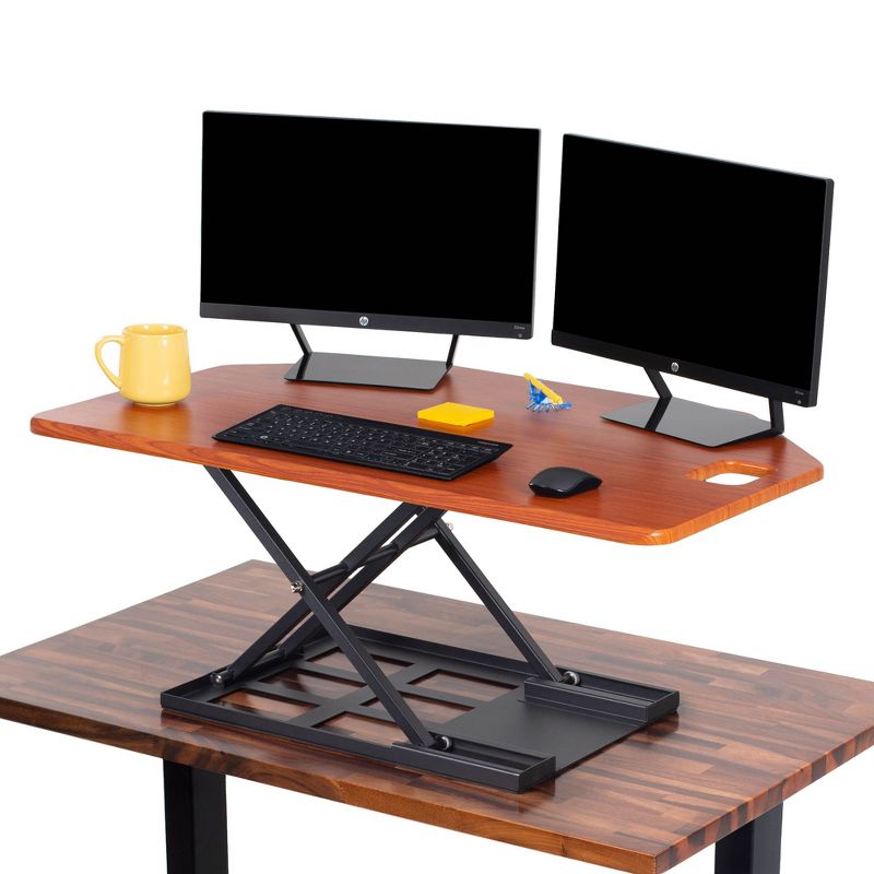 X-Elite Premier Corner Standing Desk Converter with Pneumatic Height Adjustment &ndash; Cherry &ndash; Stand Steady