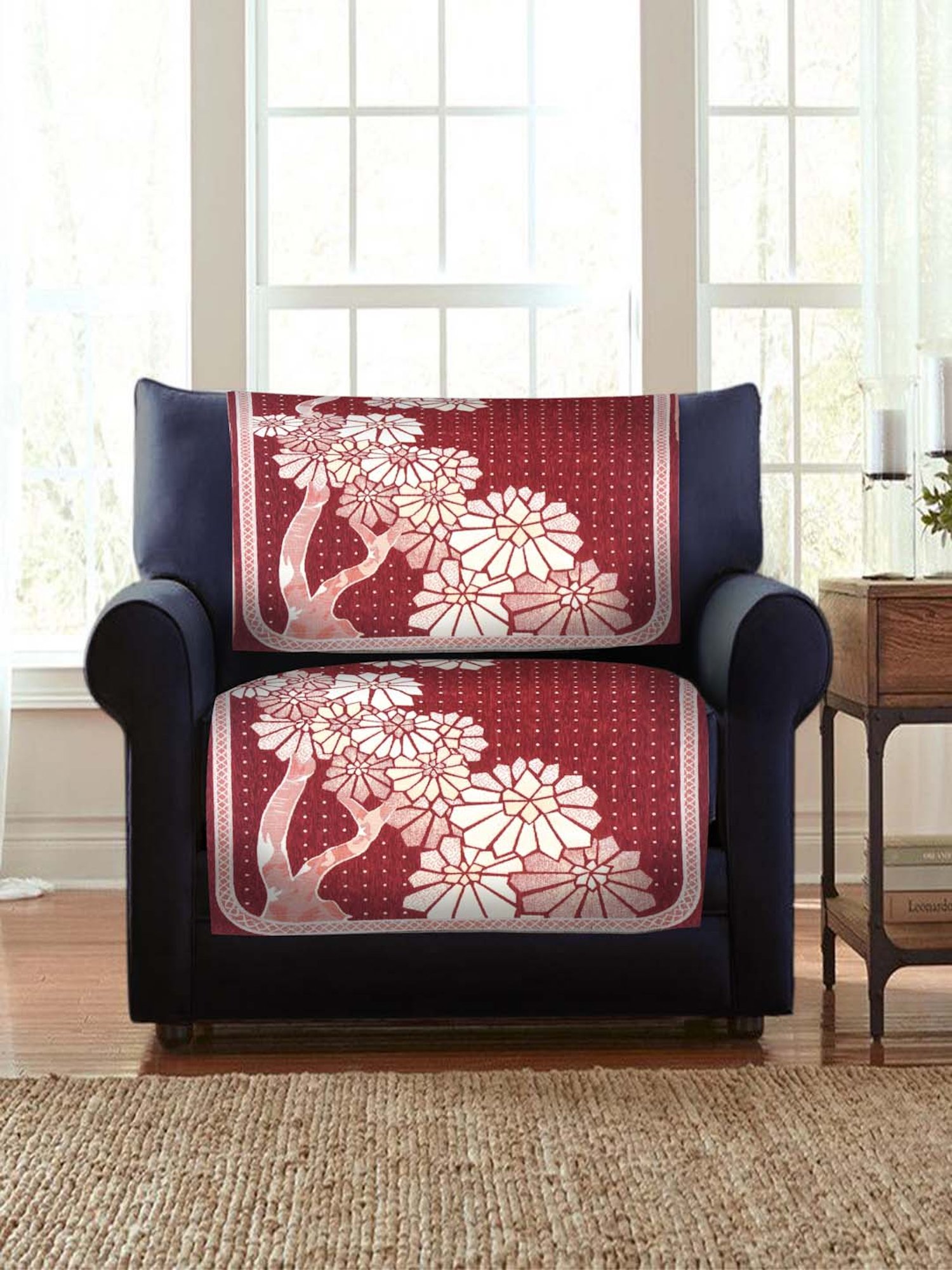 HOSTA HOMES Red & White Velvet 5-Seater Sofa Cover - Set of 10