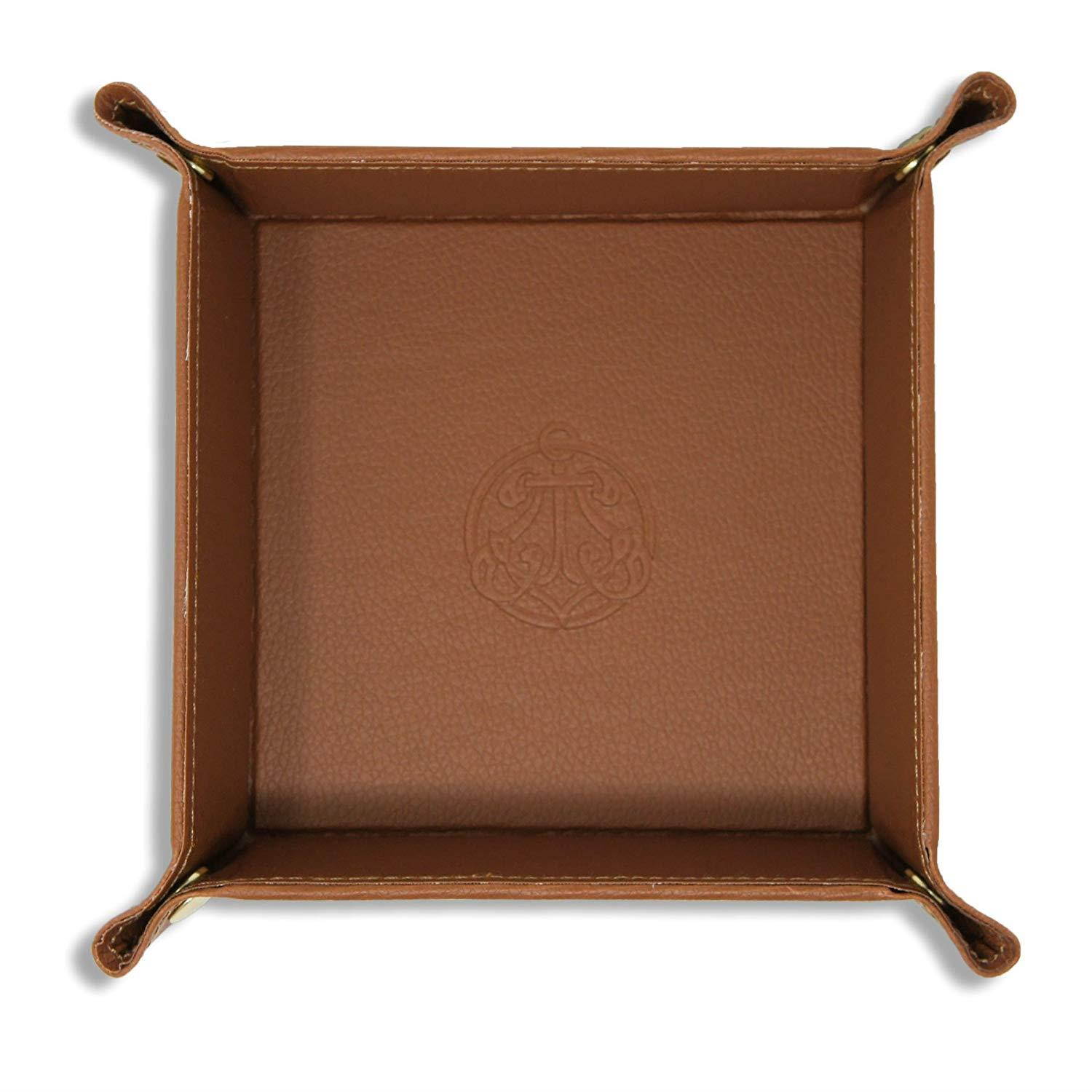 SIVEL + SHARP Leather Valet Tray - Embossed Catchall Tray with Brass Snaps (Almond)