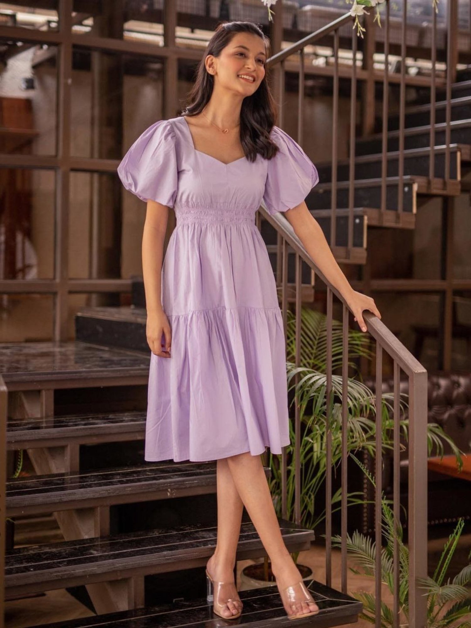 BInfinite Lavender Bishop Sleeve Shirred Waistline Dress