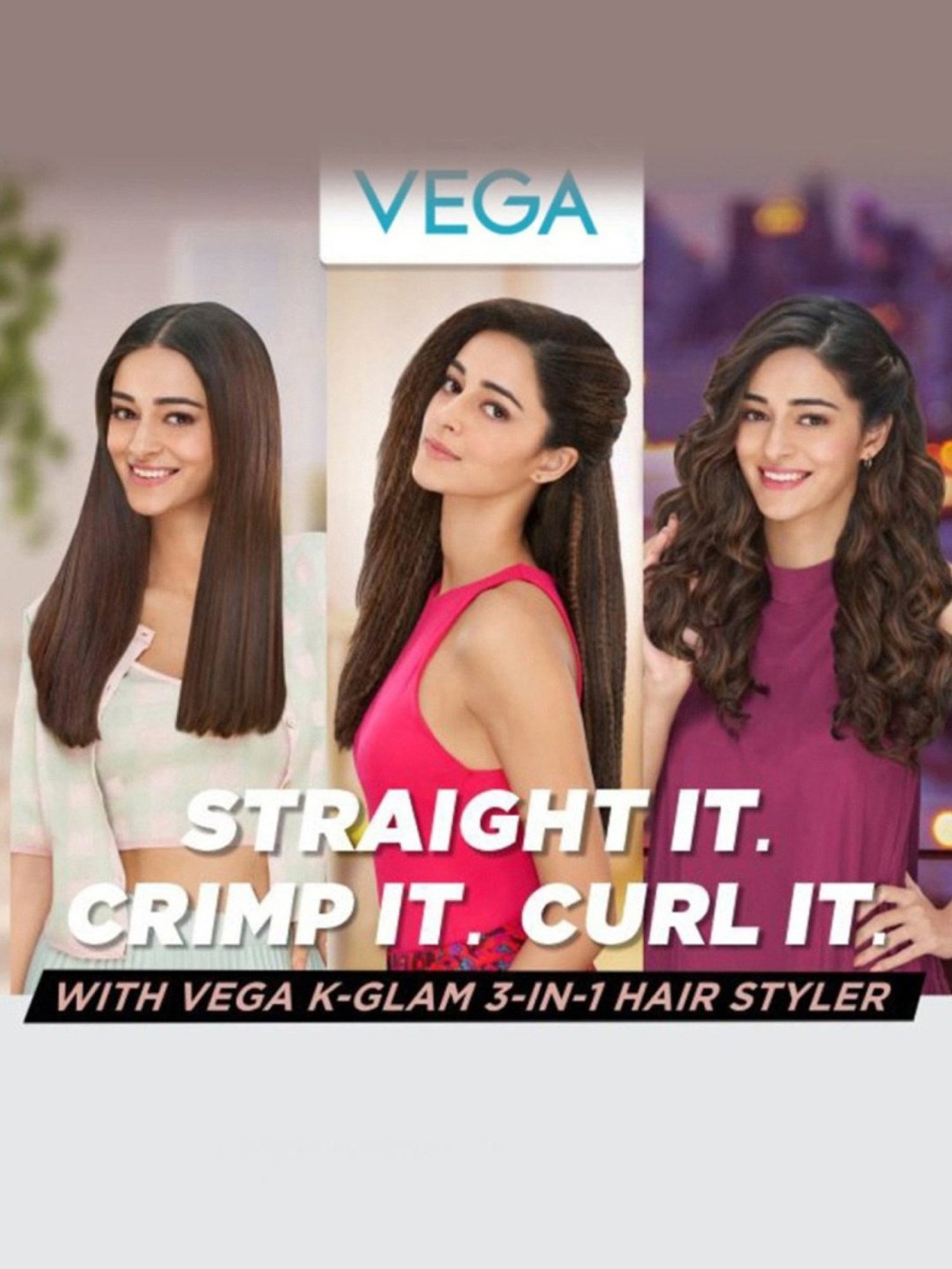 Vega K-Glam 3In1 Hair Styler - Straightener, Curler & Crimper (VHSCC-04, Rose Gold)