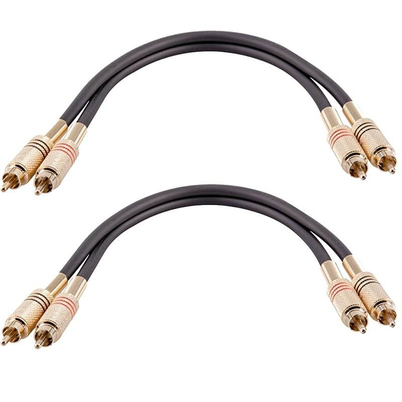SAPRCA1-2 Pack of Premium 1 Foot Dual RCA Male to Dual RCA Male Audio Patch Cables - Black and Black - 2-RCA to 2-RCA Audio Cord