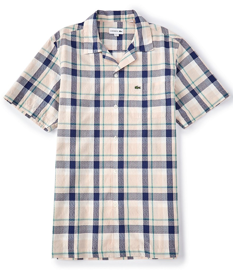Lacoste Madras Plaid Short-Sleeve Woven Camp Shirt