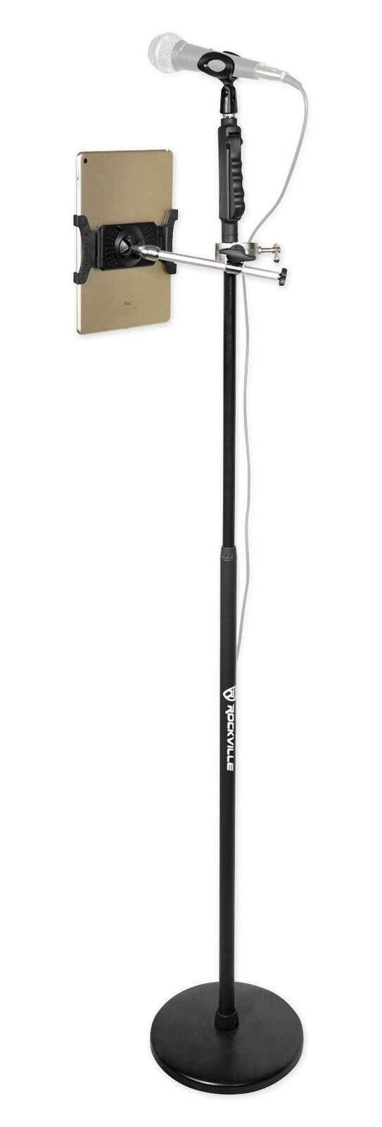 Rockville Microphone Mic Stand w/ Round Base+Smartphone/Tablet/iPad Clamp Mount
