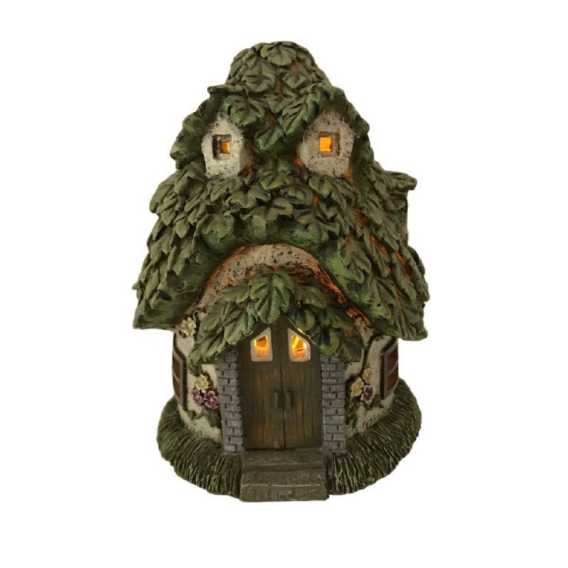 7" Polyresin Solar Fairy Garden Cottage with Leaf Roof and Light Green - Hi-Line Gift