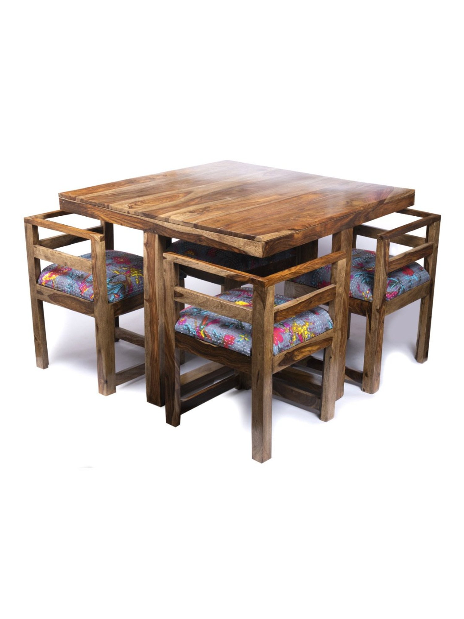 Ikiriya Kingston Printed Brown & Blue Wood 4 Seater Dining Table Set Teak Finish