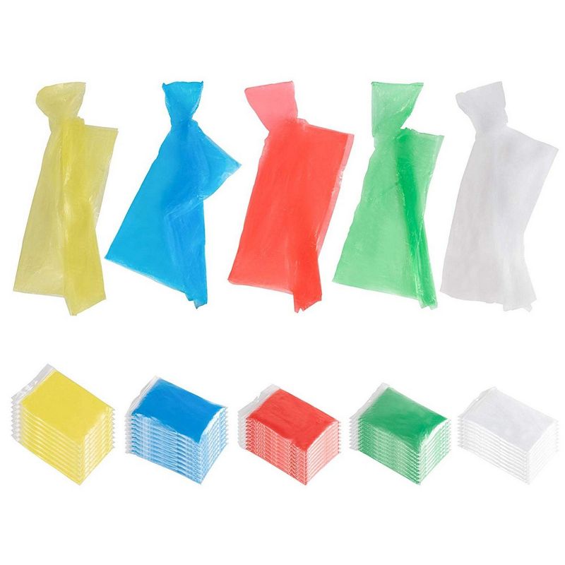 Juvale 50 Count Adults Rain Ponchos with Hood - Emergency Disposable Poncho, 5 Assorted Colors, Individually Wrapped