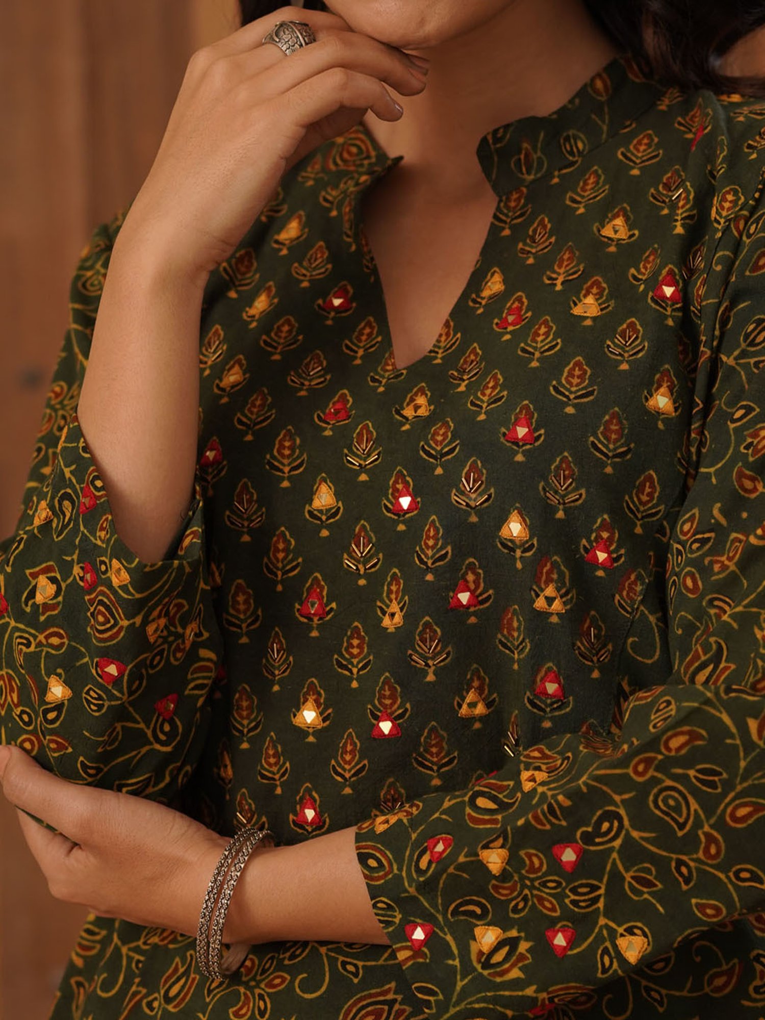 Love Chic Ajrakh Flare Kurta with side slits and 3/4th sleeves