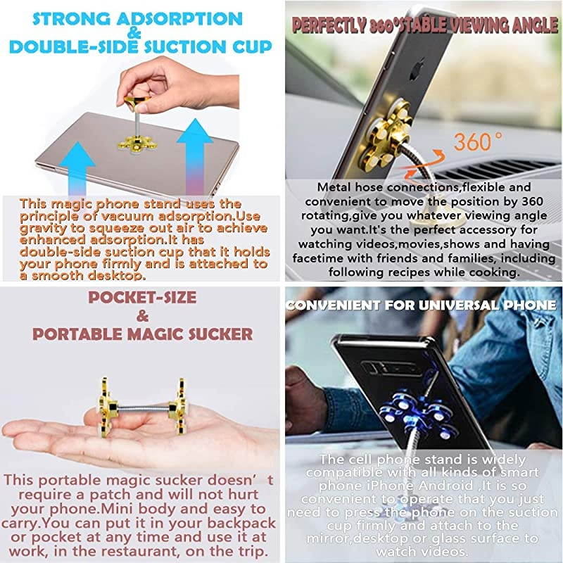 Phone StandDoubleSided Phone Stand with 360&deg; RotatingMultiFunctional DesktopMirrorGlass Phone Holder for Cell Phone Tablet5 Soft Silicone Suckers Protecting Your PhoneSilver