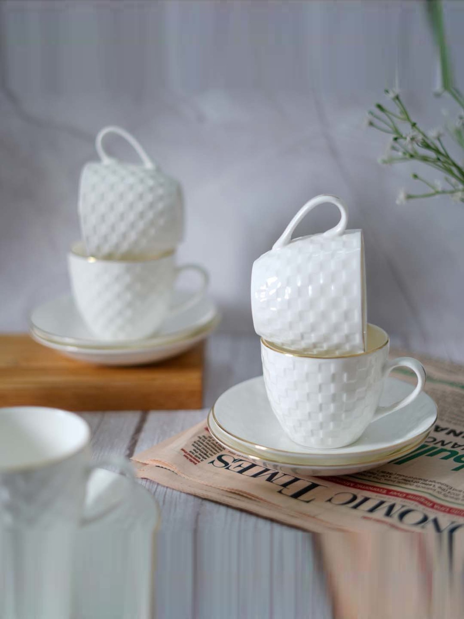 Femora White Ceramic 6-Piece Cup & 6-Piece Saucer Set