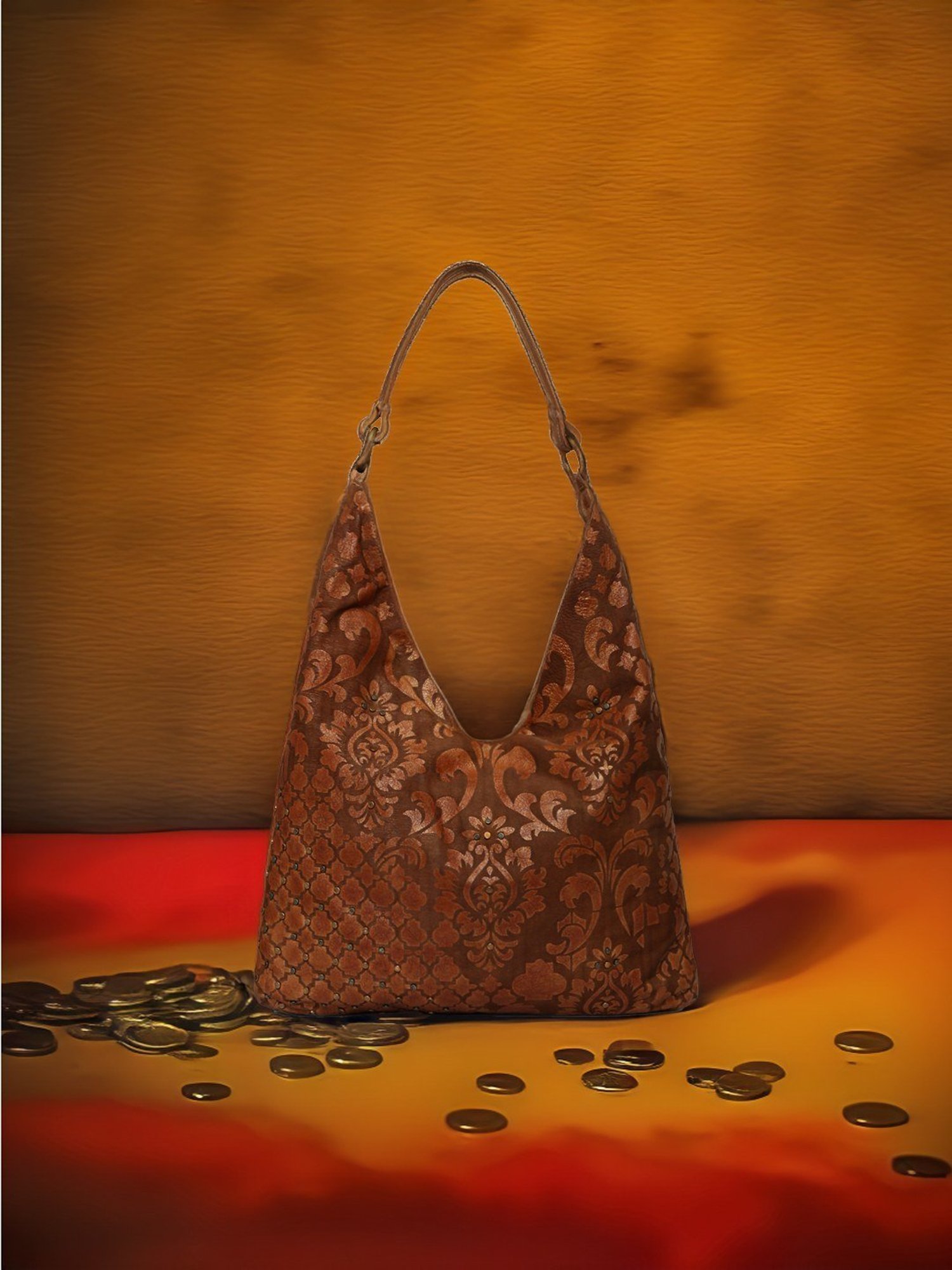 Art N Vintage Luminosa Cognac Leather Floral Large Hobo Handbag