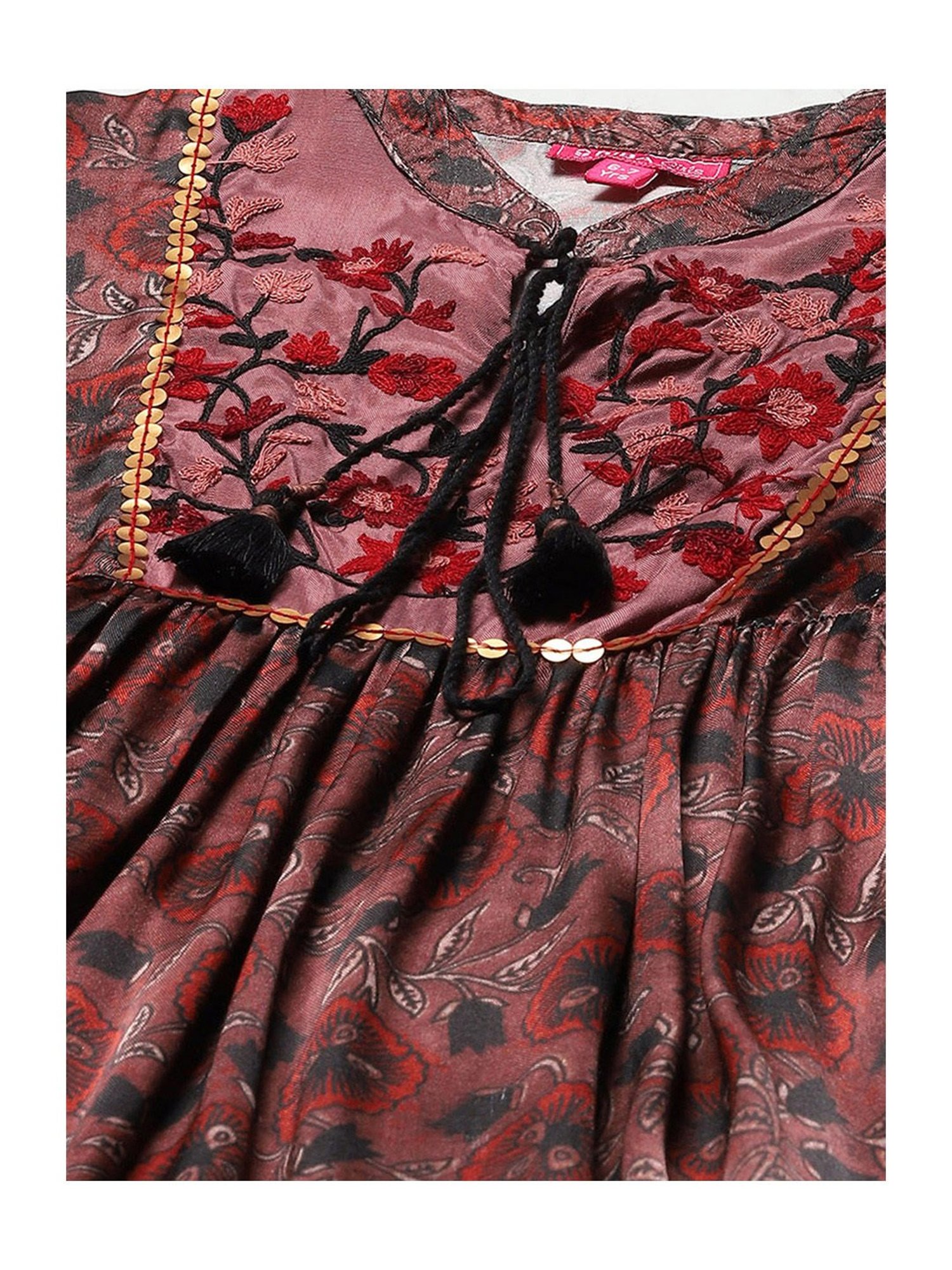 BIBA Girls Brown Embroidered Dress