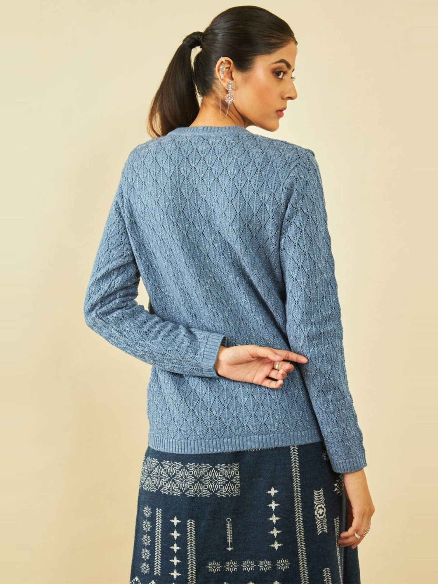Soch Blue Acrylic Patterned Knit V-Neck Cardigan with Ribbed Hems