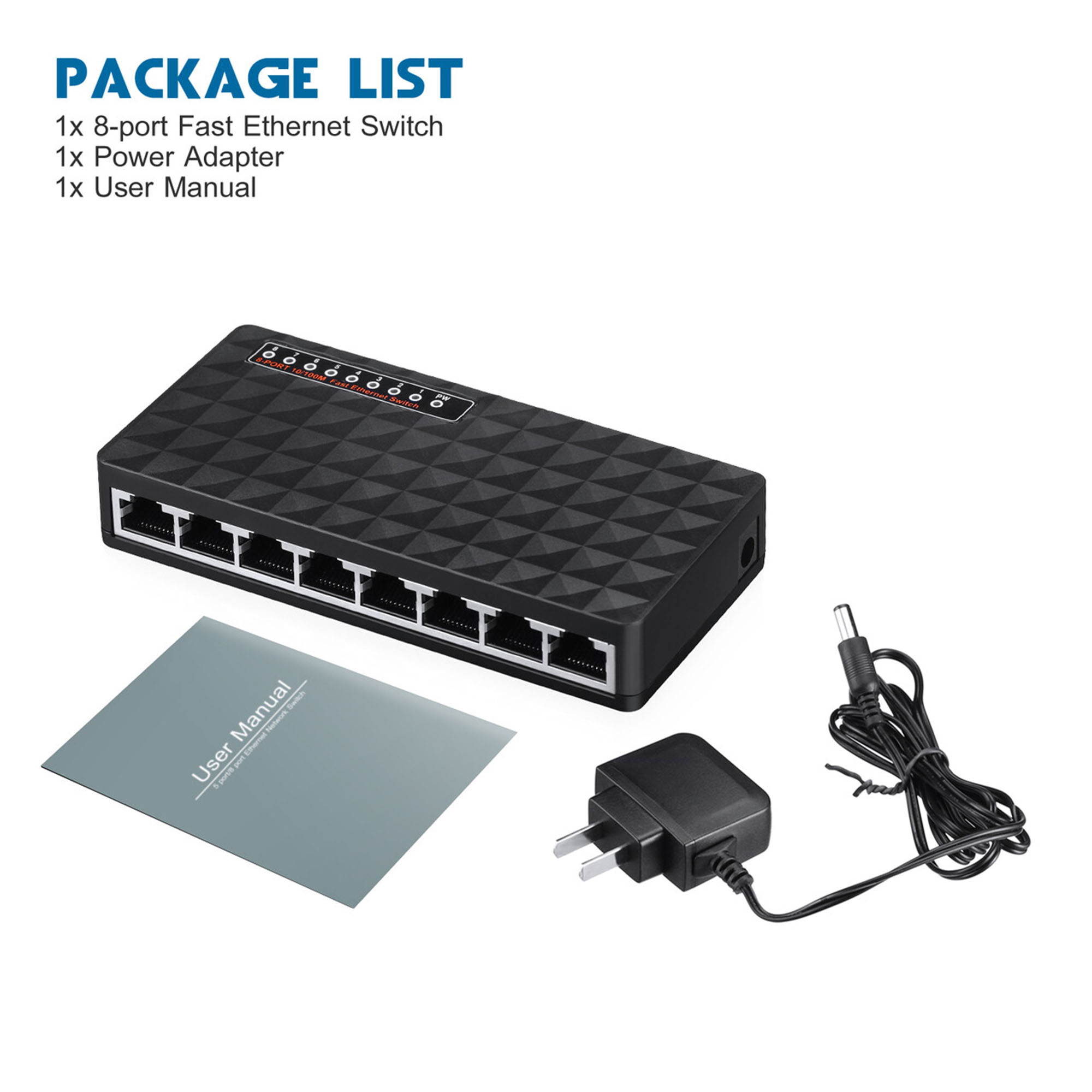 Poweradd 10/100 Mbps 8 Port Fast Ethernet LAN Desktop RJ45 Network Switch Hub Adapter