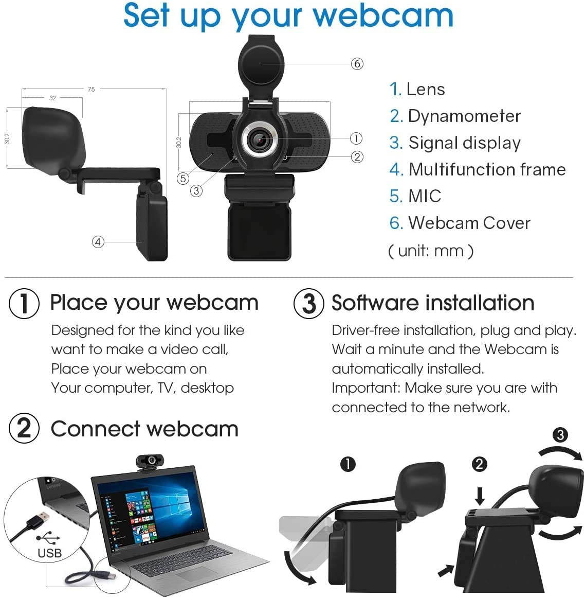 Webcam 1080P HD with Privacy Cover, Desktop or Laptop USB Camera 2MP for Video Calling, Conferencing, Streaming, Recording, Skype, Plug and Play, Built-in Mic, Flexible Adjustable Clip,Wide Angle
