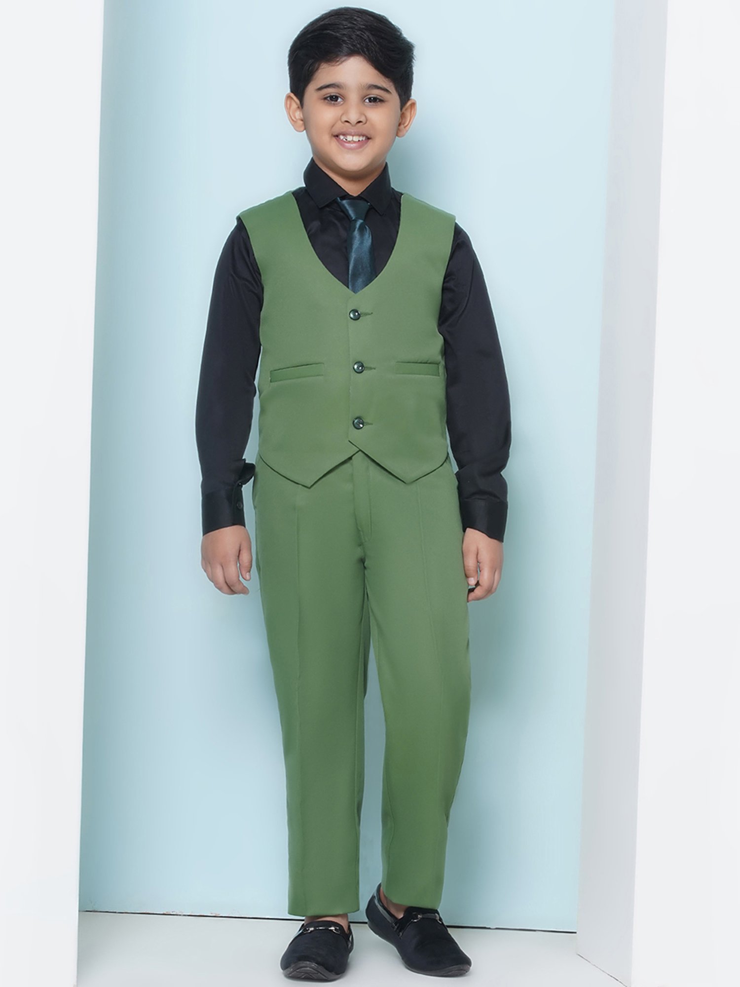 AJ Dezines Kids Sky Blue & Black Solid Full Sleeves Shirt, Pants, Coat, Waistcoat with Tie