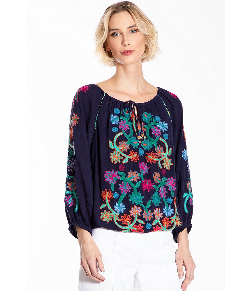 John Mark Gathered Waist Embroidered 3/4 Sleeve Peasant Top