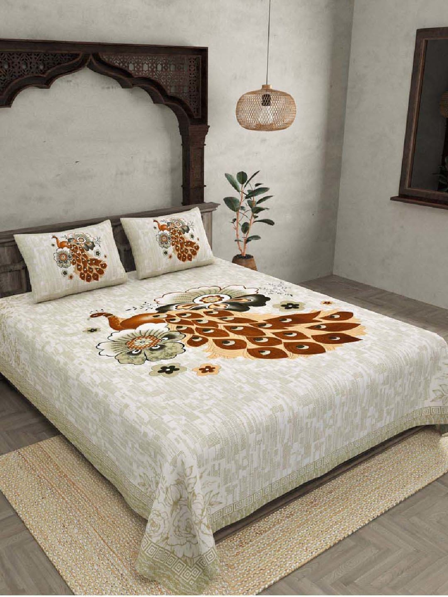 JaipurFabric Grey & Brown 180 TC 100% Cotton Peacock Double Bedsheet with 2 Pillow Covers