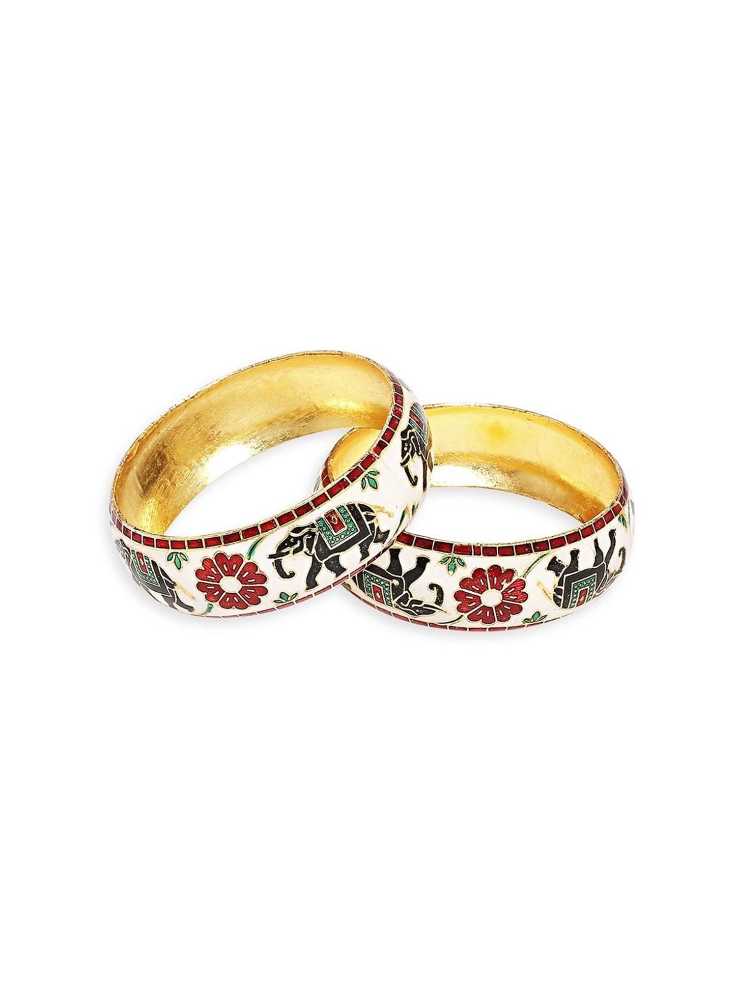 Oomph Jewellery White & Green Meenakari Elephant Design Brass Bangles - Set of 2