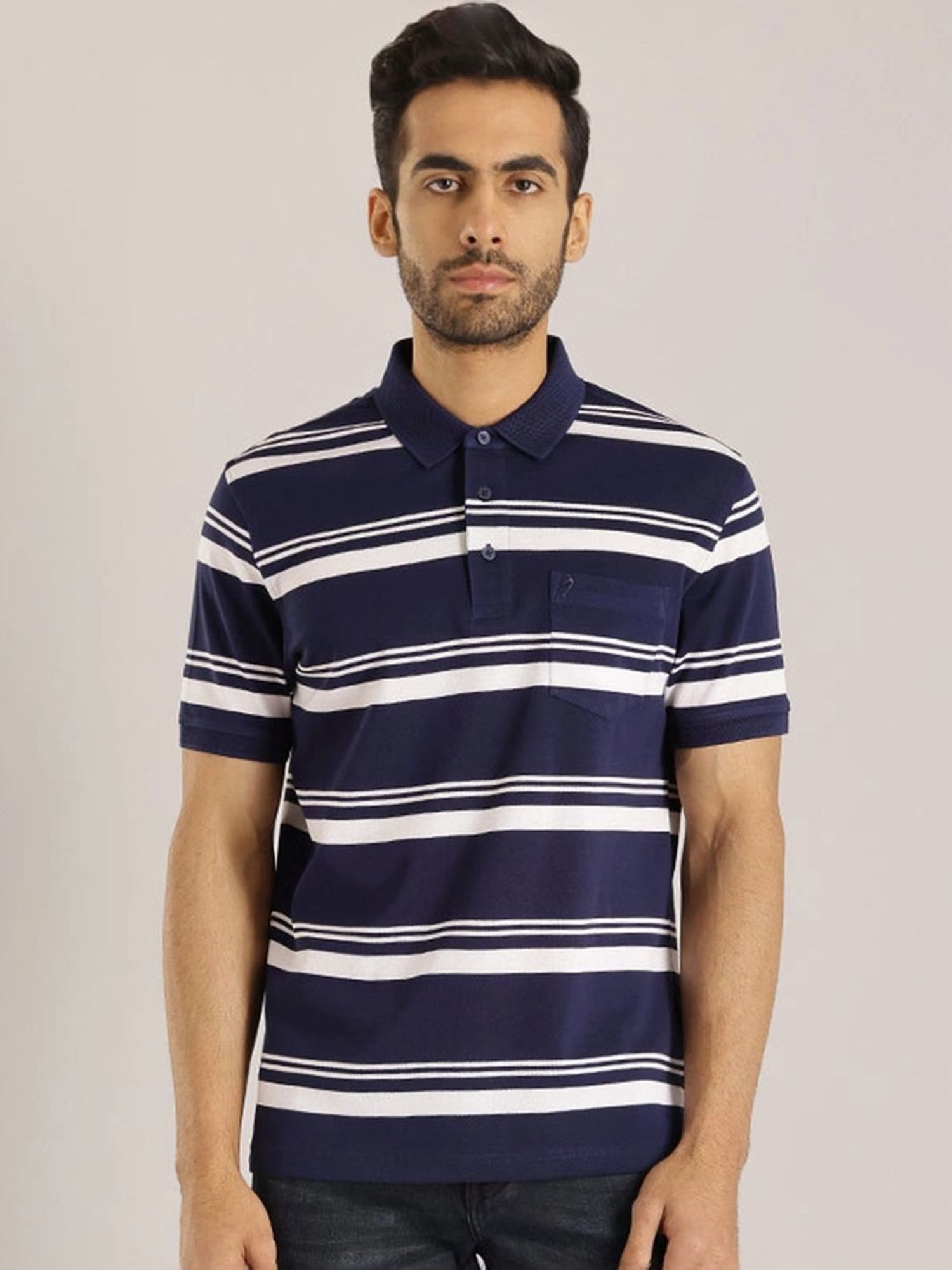 Indian Terrain Peacoat Regular Fit Striped Polo T-Shirt