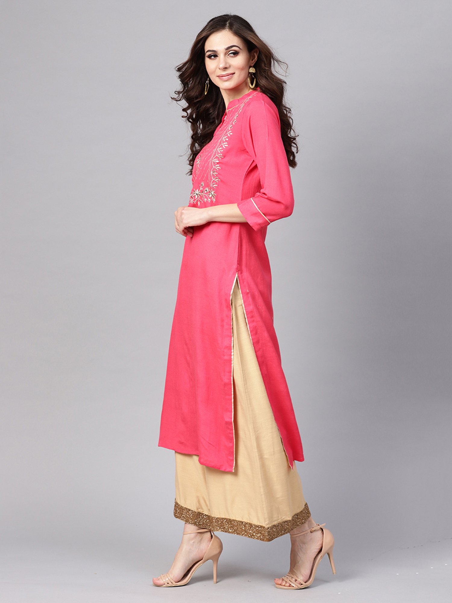 Geroo Jaipur Pink Hand Embroidered Straight Rayon Kurta