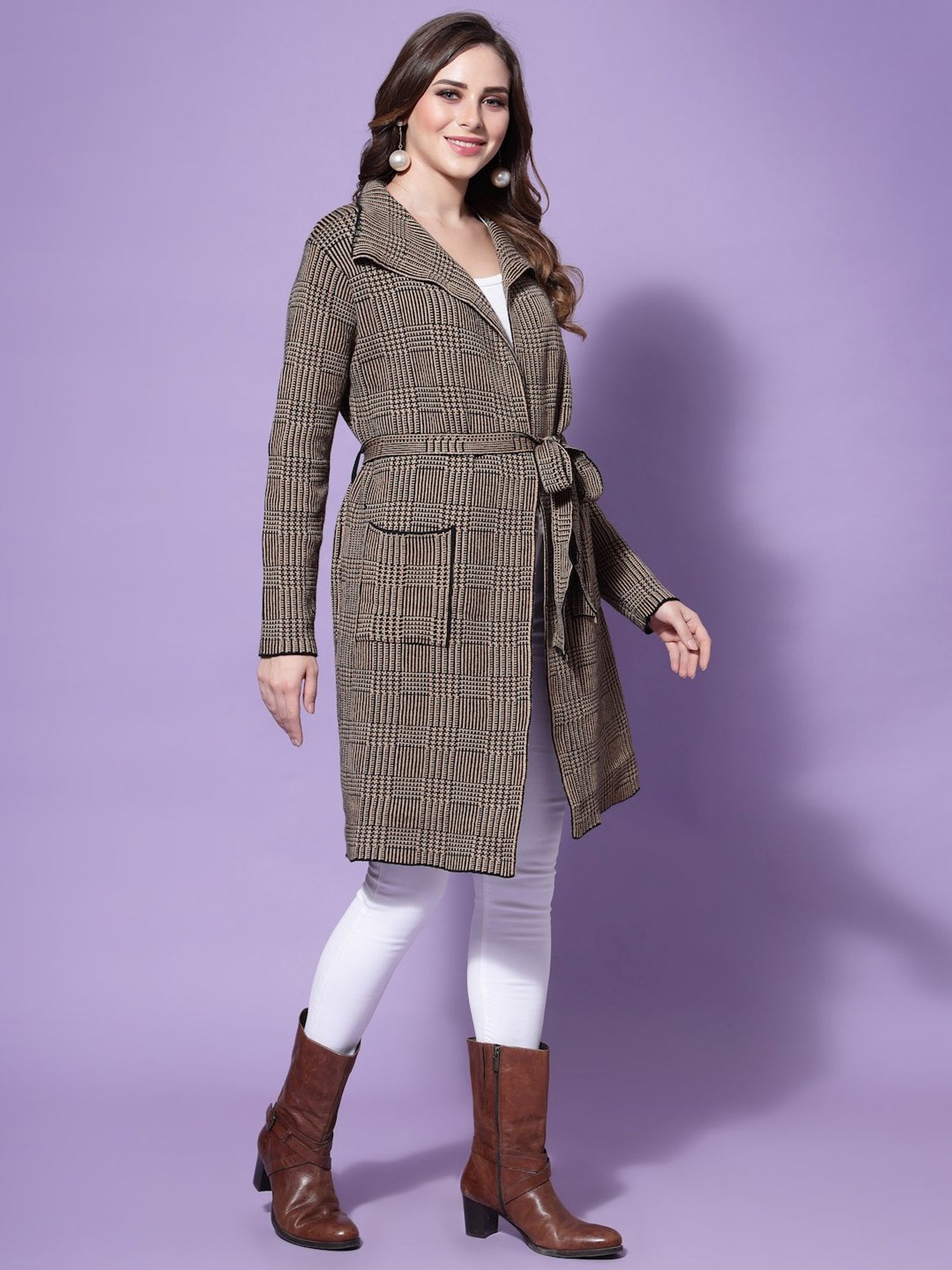 Mafadeny Khaki Chequered Shrug