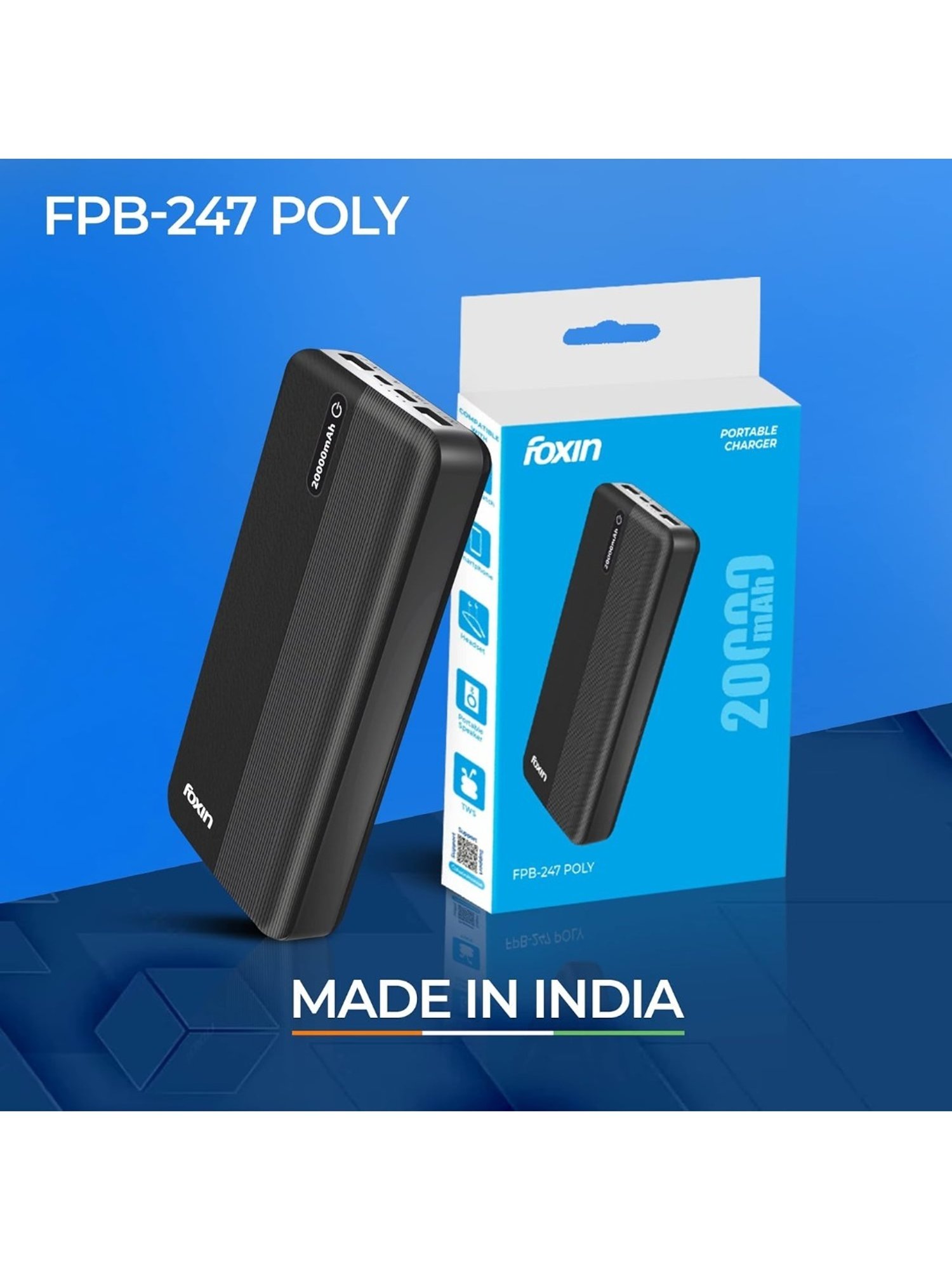 Foxin FPB-247 Poly 12W, 20000mAh Power Bank with Fast Power Delivery Charging (Black)