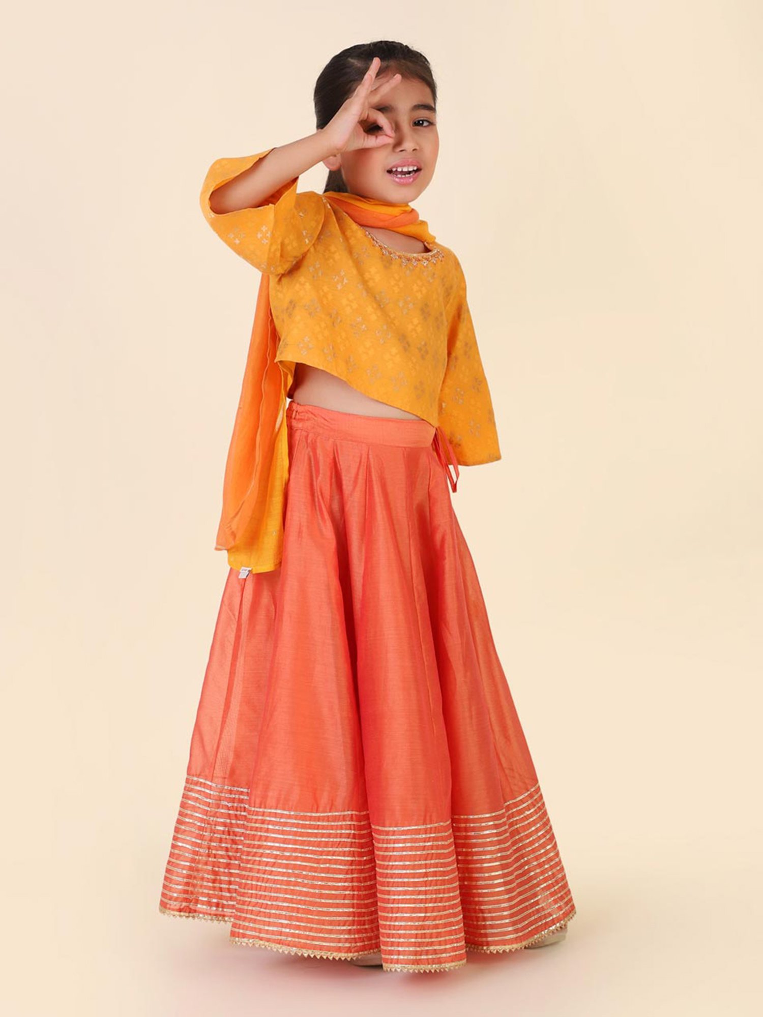 Fabindia Kids Orange Printed Lehenga, Choli with Dupatta
