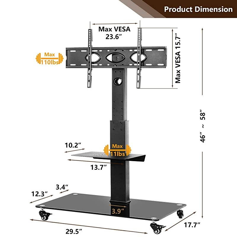 Tall Rolling Moblile Floor TV Stand Cart with Mount Lockable Caster Wheels and Audio Shelf for 37 40 42 47 50 55 60 65 70 inch LCD LED OLED QLED Flat Panel and Curved TVs