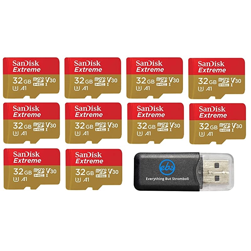 32GB  Extreme Ten Pack 4K Micro Memory Card SDSQXAF032GGN6MN UHD Video Speed 30 UHS1 V30 32G MicroSD HC Bundle with Everything But Stromboli Card Reader