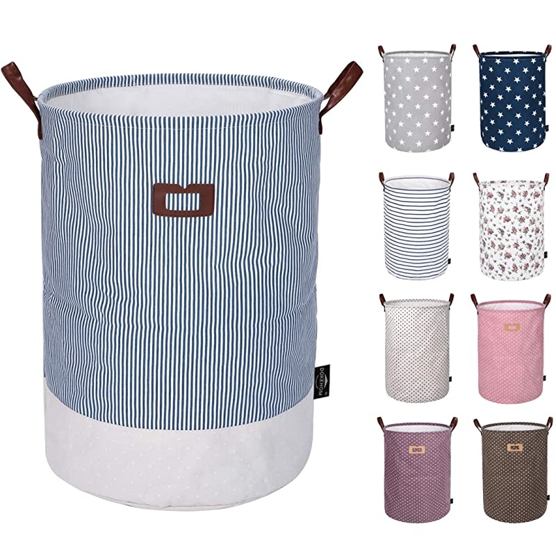 22Inches Thickened XLarge Laundry Basket 9 Colors with Durable Leather Handle Drawstring Waterproof Round Cotton Linen Collapsible Storage Basket Navy Blue XL