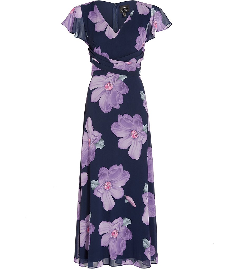 Adrianna Papell Floral Printed Chiffon Tie Waist Midi Dress