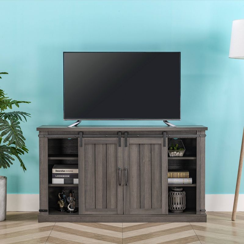 54" Sliding Doors TV Stand For TVs up to 60" Weathered Gray Oak - Home Essentials