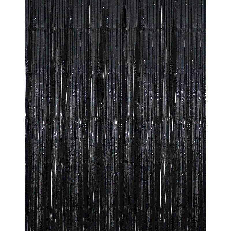 32 ft x 98 ft Black Photo Backdrop for Birthday Party Wedding Decor 5 Pcs Black Metallic Tinsel Foil Fringe Curtains Party Decorations